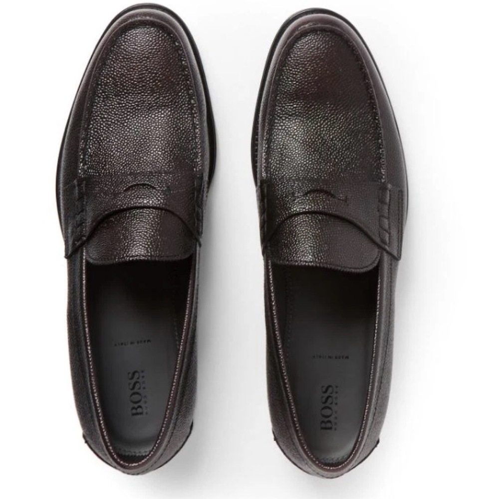 BOSS Dark Brown Pebbled Leather Penny Loafers